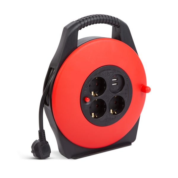 Kábeldob műanyag tartóval - 3 x 1,5 mm² - 2 x USB - 10 m    Delight 20239