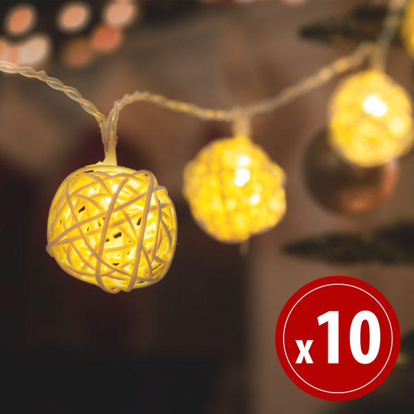 LED fényfüzér - rattan labdák - 10 LED - 1,35 m - melegfehér - 2 x AA    Family 56519