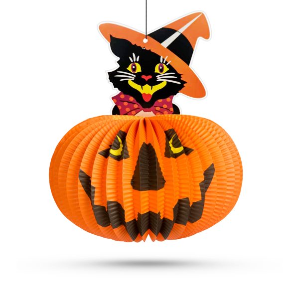 Halloween-i tökös lampion - macskával - akasztható - 26 cm    Family 58137A