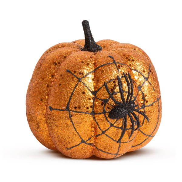 Halloween-i tök dekoráció - narancs glitteres - pókhálóval - 15 cm    Family 58179A