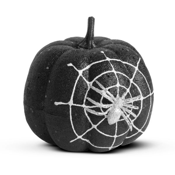 Halloween-i tök dekoráció - fekete glitteres - pókhálóval - 15 cm    Family 58179B