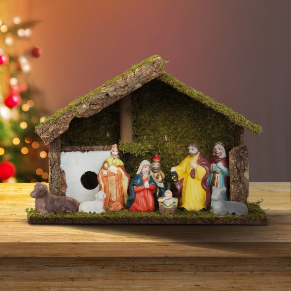 Karácsonyi asztali dekoráció - Betlehem - kerámia és fa - 30 x 10 x 20 cm    Family 58719