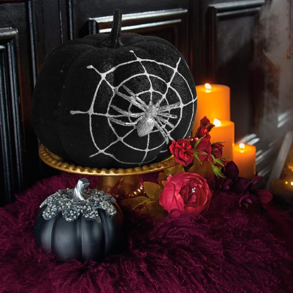 Halloween-i tök dekoráció - fekete glitteres - pókhálóval - 15 cm    Family 58179B - Image 2