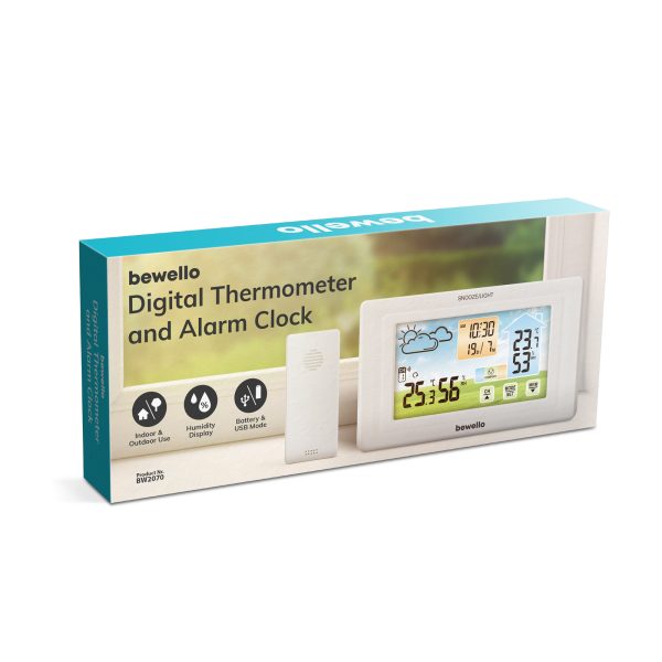 Digitális hőmérő és ébresztőóra - kültéri / beltéri - USB-s, elemes - fehér    Bewello BW2070 - Image 4