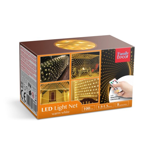 LED-es fényháló - 100 db melegfehér LED-del - 1,5 x 1,5 m - 230V - távirányítós    Family 58908A - Image 5