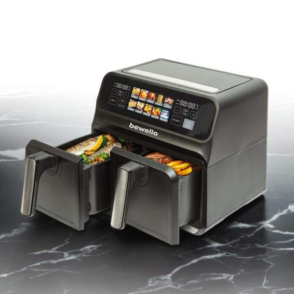 Olaj nélküli fritőz - XXL - 230V - 2200W - dupla kosár, színes érintőkijelző - 4+4 L    Bewello BW1002D