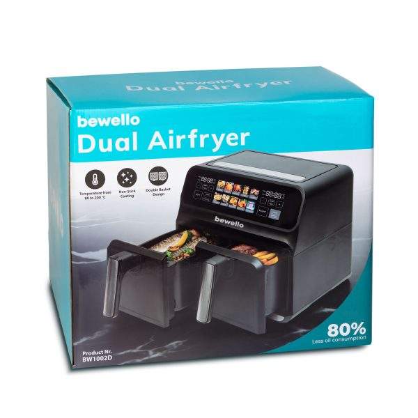 Olaj nélküli fritőz - XXL - 230V - 2200W - dupla kosár, színes érintőkijelző - 4+4 L    Bewello BW1002D - Image 3