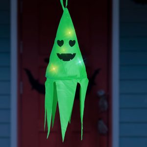Halloween-i világító dekoráció - szellem - zöld - 10 színes LED - akasztható - 2 x 2032 - 75x20 cm 56598B