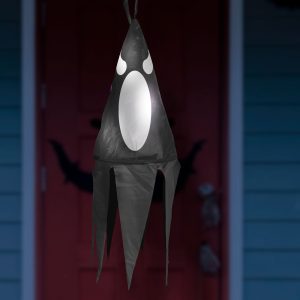 Halloween-i világító dekoráció - szellem - fekete - 10 színes LED - akasztható - 2 x 2032 - 75x20 cm 56598C