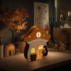 Világító dekoráció - gomba ház sünivel - 15 x 16 x 5 cm - fából 59012A