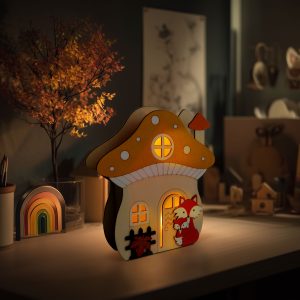 Világító dekoráció - gomba ház rókával - 15 x 16 x 5 cm - fából 59012B