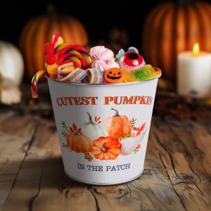 Őszi dekoráció - fém kaspó, vödör - tökös - 15 x 13,7 cm 59033A