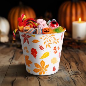 Őszi dekoráció - fém kaspó, vödör - leveles - 15 x 13,7 cm 59033B