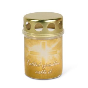 Műanyag mécses keresztes, fém kupakkal - "Emléked Szívünkben Örökké Él" - 8,5 cm TW1009