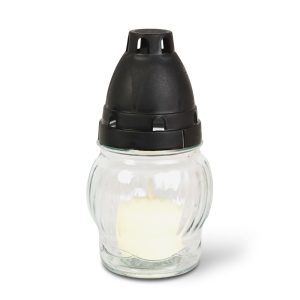 Üveg mécses műanyag kupakkal, üveg szín: fehér, kupak szín: fekete - 14 cm TW1012