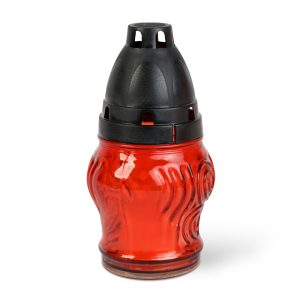 Üveg mécses műanyag kupakkal, üveg szín: piros, kupak szín: fekete - 14 cm TW1013