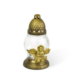 Üveg mécses - angyallal, műanyag kupakkal, üveg szín: fehér, kupak szín: fekete-arany antik - 20 cm TW1015