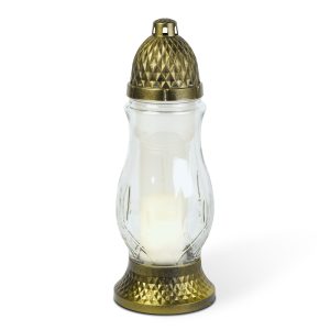 Üveg mécses - műanyag kupakkal, üveg szín: fehér, kupak szín: fekete - arany antik - 28 cm TW1017