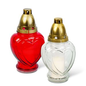 Üveg mécses - szív forma, műanyag kupakkal, piros - fehér - 21,7 cm TW1018