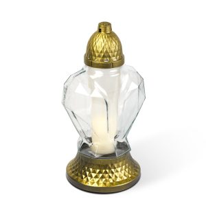 Üveg mécses - műanyag kupakkal, üveg szín: fehér, kupak szín: fekete - arany antik - 31 cm TW1021