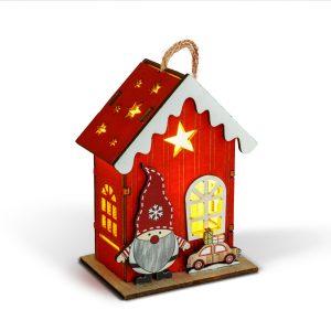 Karácsonyi LED-es dekoráció - házikó manóval - melegfehér LED, piros - 7,5 x 5 x 10 cm - 2 féle 59746