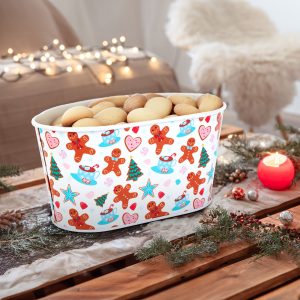 Karácsonyi fém kosár - mézeskalács mintás - 19 x 11,5 x 9,5 cm     59722A