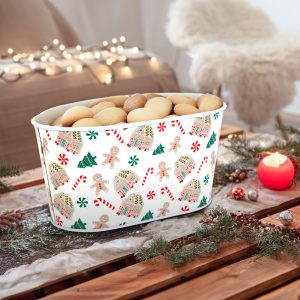 Karácsonyi fém kosár - házikó mintás - 19 x 11,5 x 9,5 cm 59722B