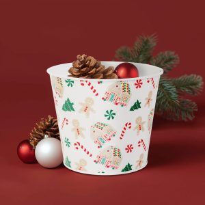 Karácsonyi dekoráció - fém kaspó, vödör - házikó - 13 x 11 cm 59733B