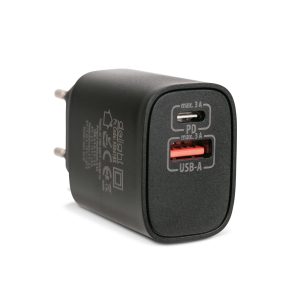 Hálózati Adapter USB + Type-C PD20W gyorstöltéssel - fekete Delight 55041BK