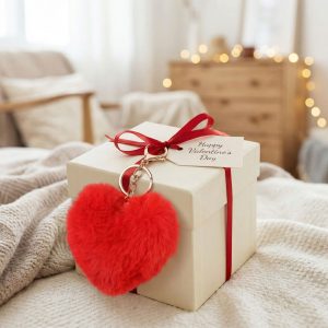 Kulcstartó - szív alakú - plüss, piros - 13 x 10 cm     56101