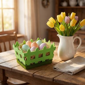 Húsvéti dekoráció - filc kosár - kerítés forma -  19,5 x 13,2 x 11,7 cm     57962