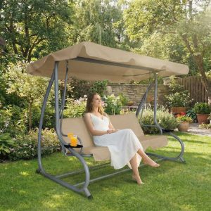 Kerti hintaágy - 200 x 120 x 164 cm - sötét bézs - pohártartóval    Garden of Eden 11493A