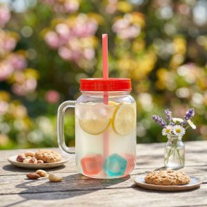Szívószálas pohár - piros - 4 db hűthető jégkockával, 550ml, 17 x 7.5 x 13.5 cm 57160P