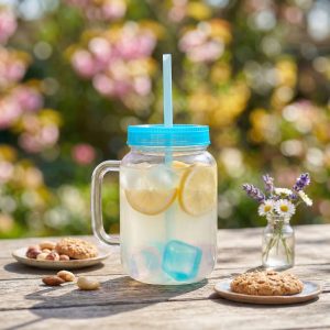 Szívószálas pohár - kék - 4 db hűthető jégkockával, 550ml, 17 x 7.5 x 13.5 cm 57160Q