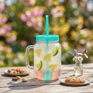 Szívószálas pohár - zöld - 4 db hűthető jégkockával, 550ml, 17 x 7.5 x 13.5 cm 57160R