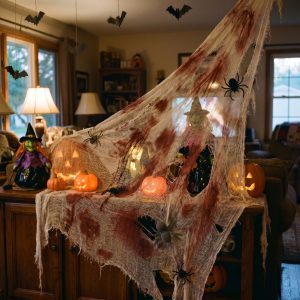 Halloween-i textil dekoráció - piros/fehér textil - 91 x 76 cm    Bewello 56605
