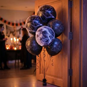Halloween-i pókhálós léggömb szett - 5 léggömb + 10g műpókháló + 10 pók    Bewello 56637