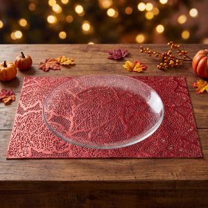 Tányéralátét - levélmintás - PVC - 45 x 30 cm - piros    Bewello 59051C
