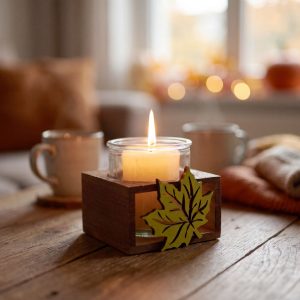 Mécsestartó - üveg pohár - fa talppal - 10,5 x 9,6 x 9 cm - 2 féle    Bewello 59060